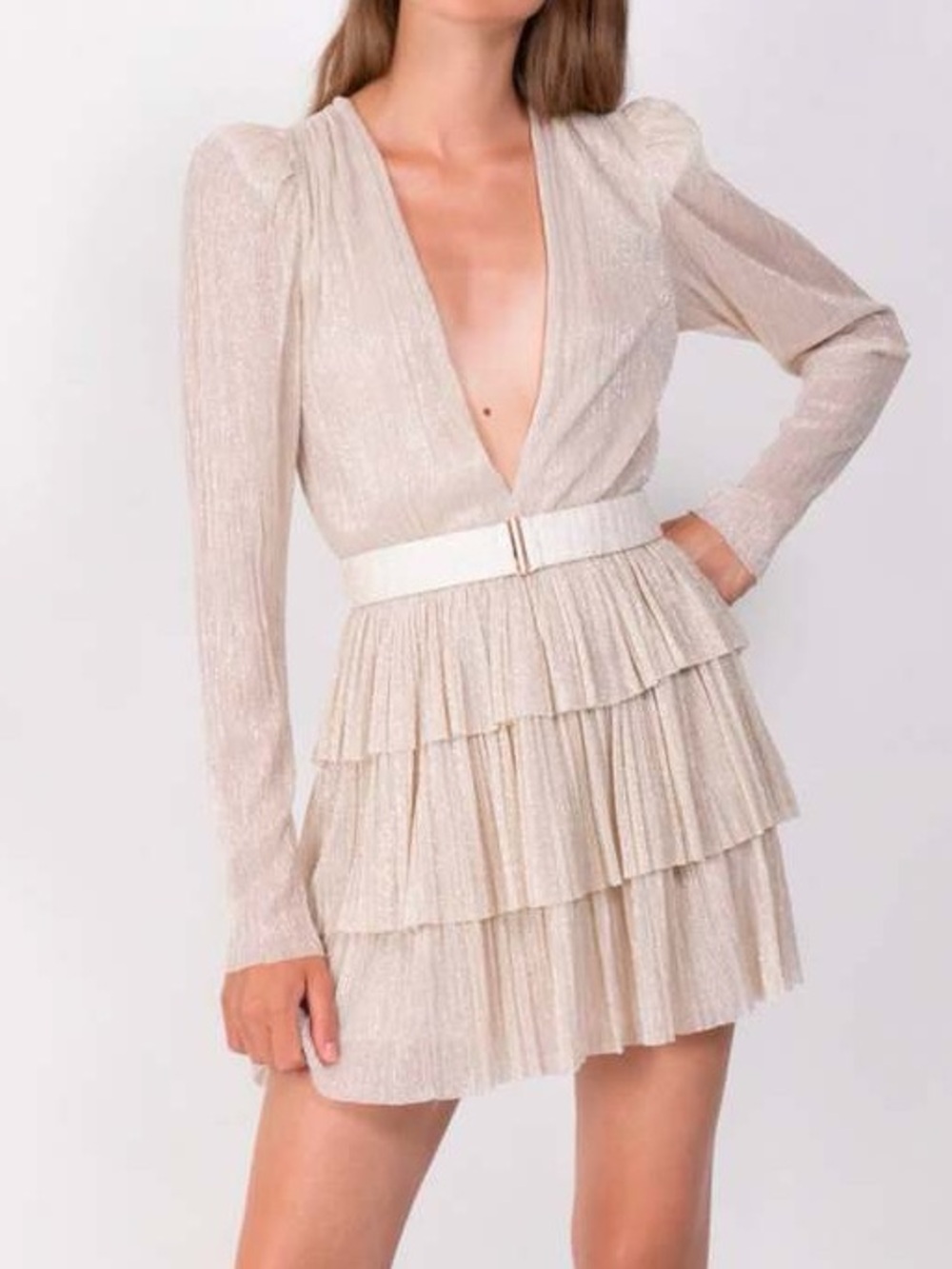 Sabina Musayev Gorgeous Carry Metallic Plissé Tiered Mini Dress - Gold sm